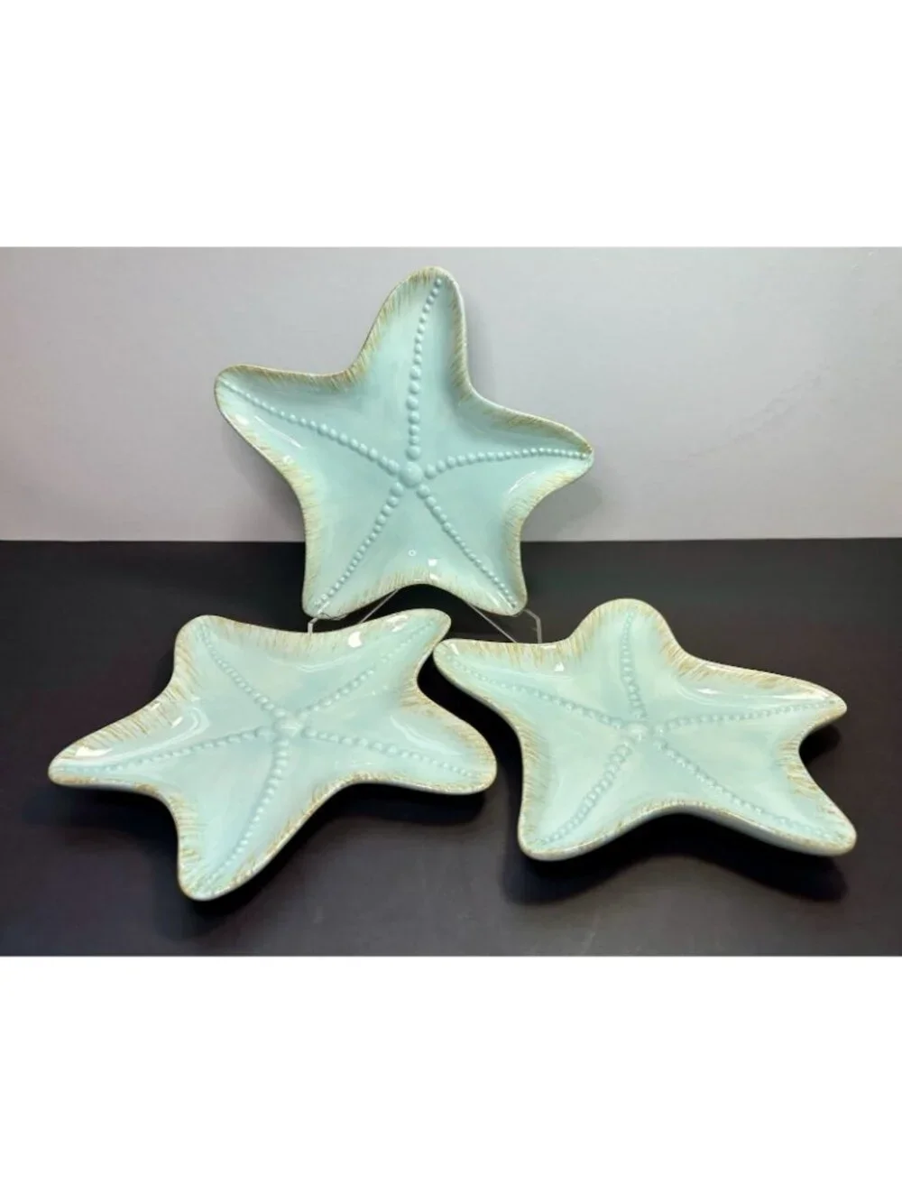 Blue Sky 2007 Starfish Set Of 3 Snack Plate Trinket Dish Beach Decor Aqua 8”